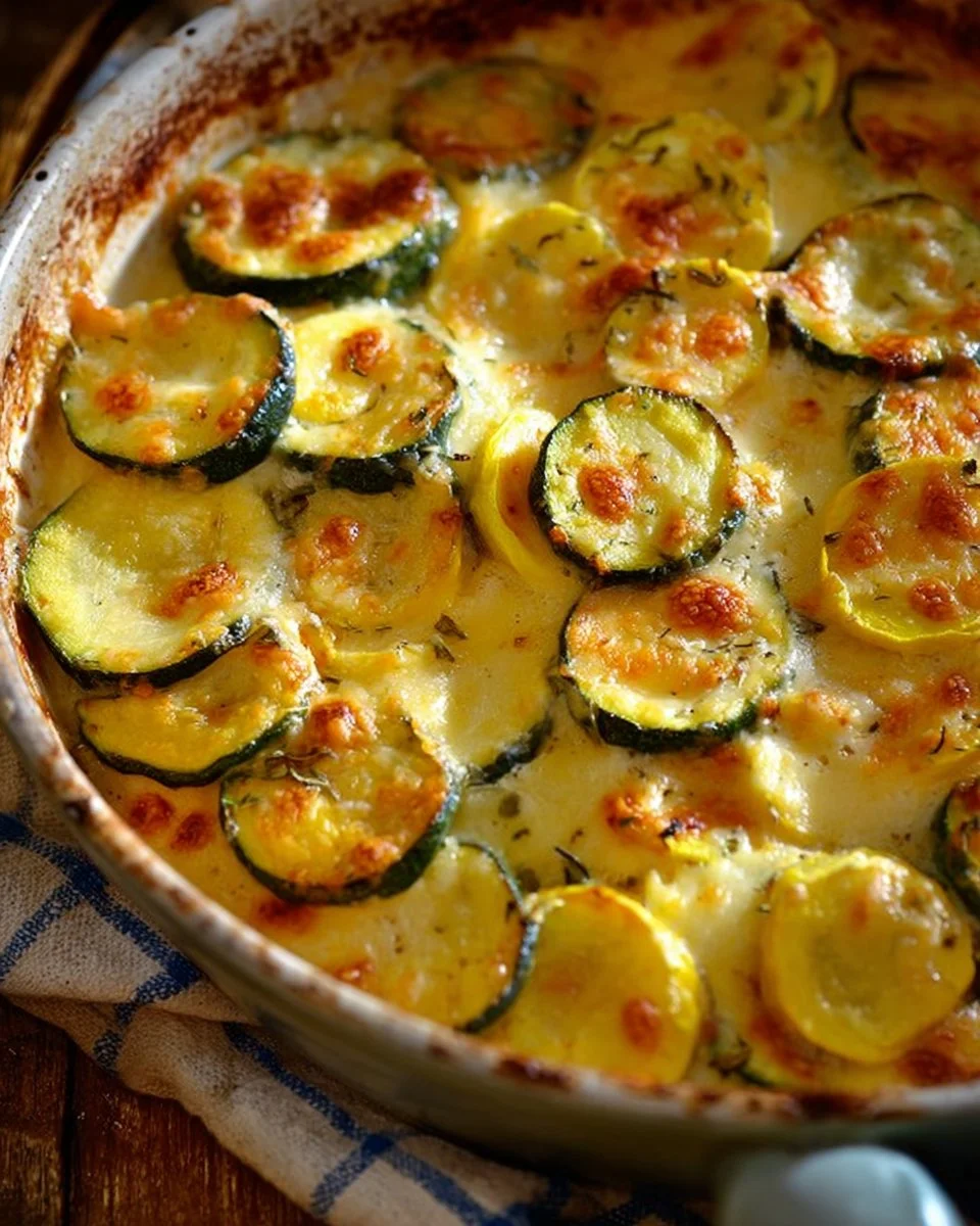 Delicious zucchini gratin with yellow squash baked to perfection