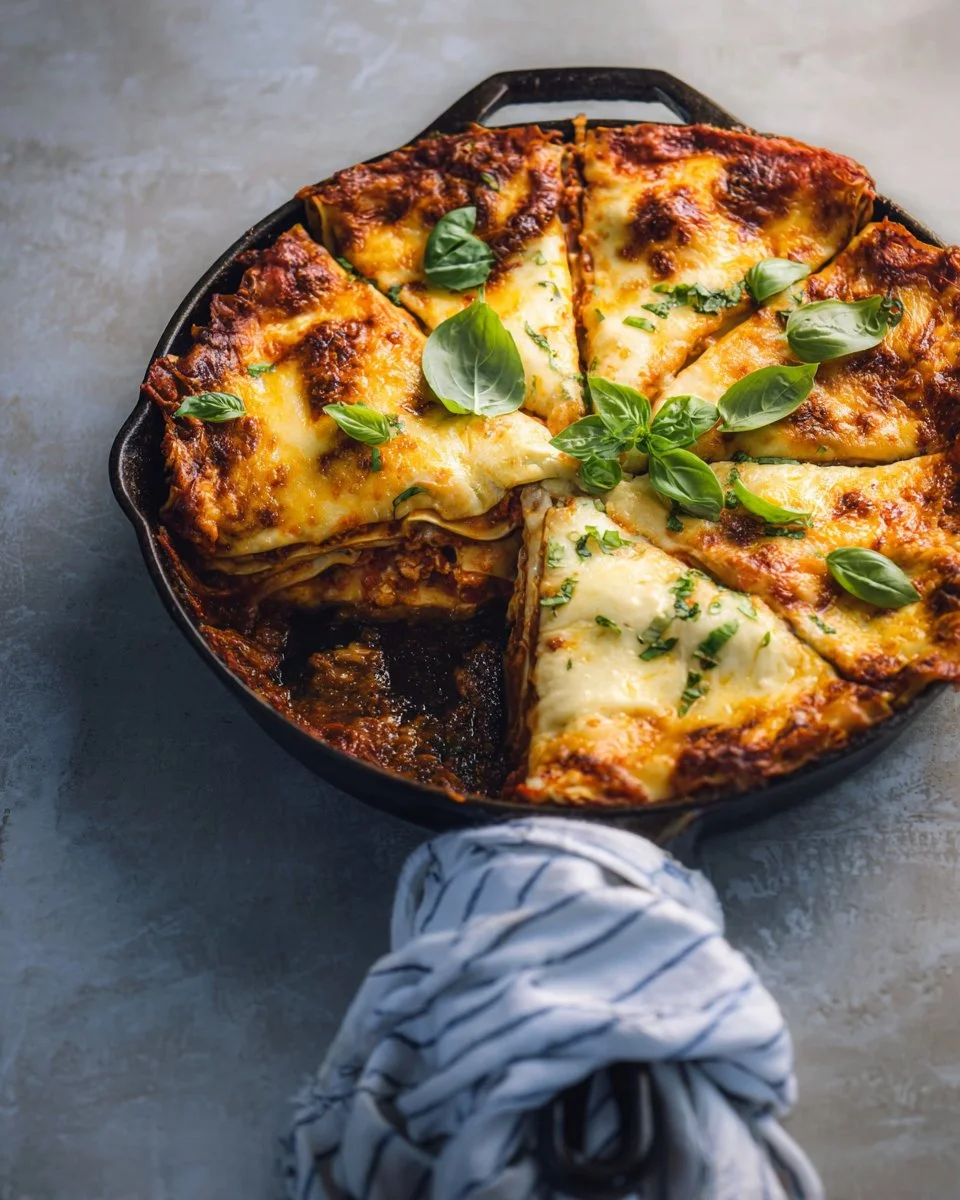 A delicious zucchini noodle lasagna layered with cheese and marinara sauce.