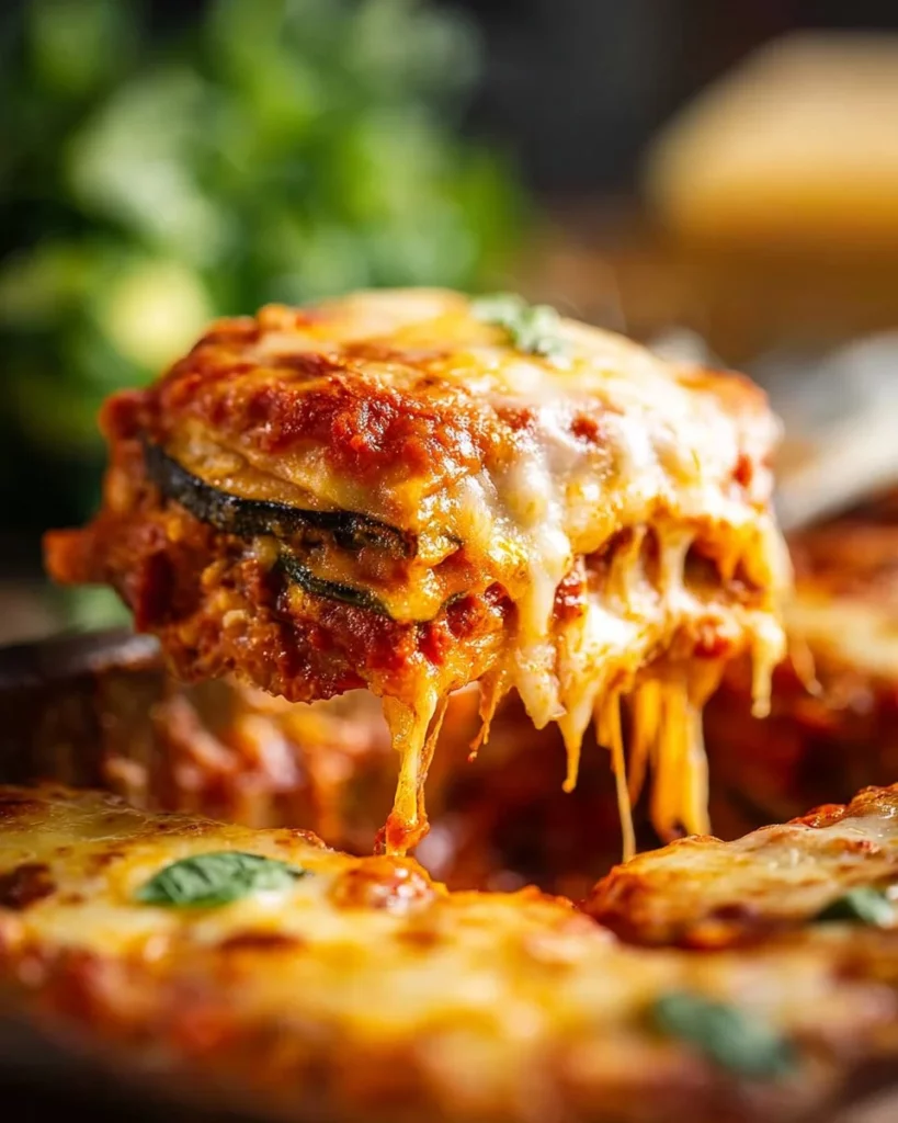 Delicious Zucchini Parmesan dish topped with melted cheese and herbs