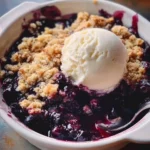 Keto Blueberry Cobbler served in a dish with fresh blueberries on top