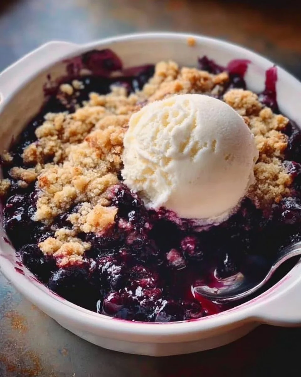 Keto Blueberry Cobbler served in a dish with fresh blueberries on top