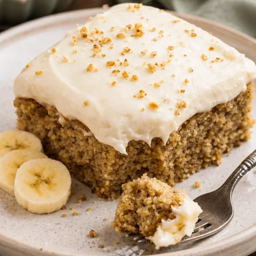 Deliciously moist Banana Sheet Cake served on a white platter