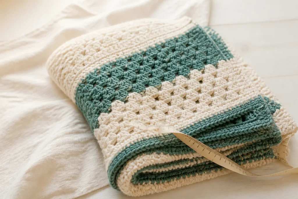 Folded teal and cream crochet blanket with measuring tape