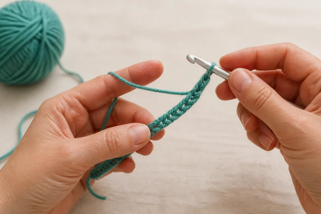 Hands making a beginner crochet foundation chain with teal yarn