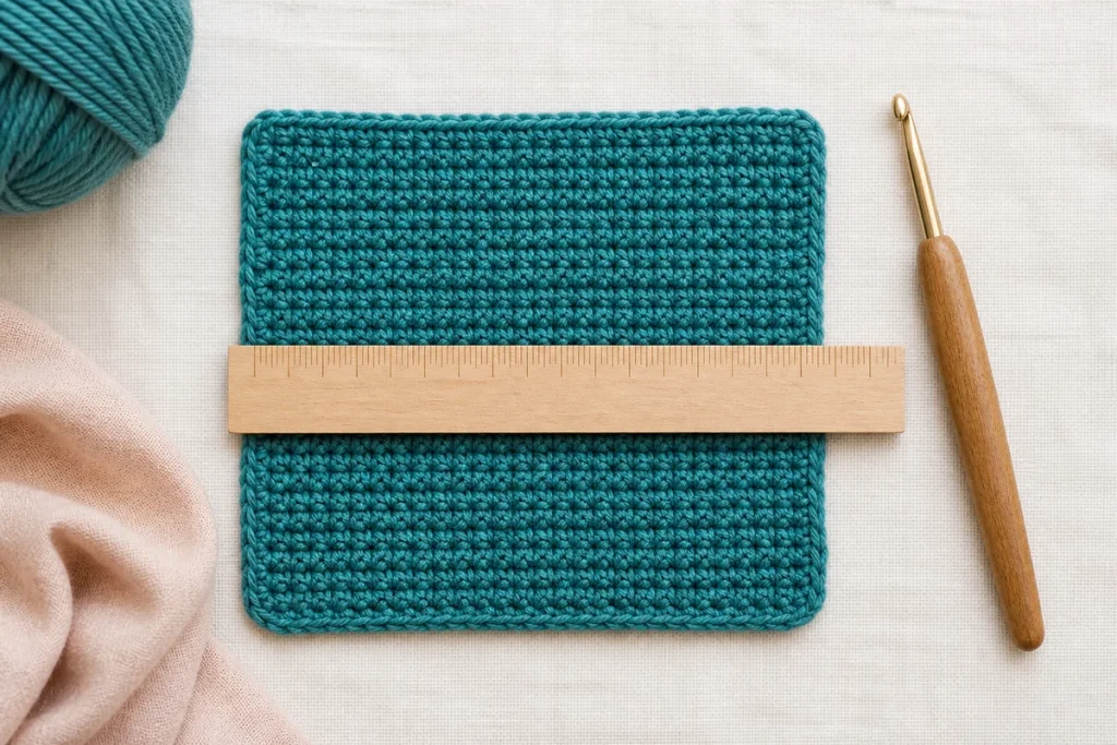 Teal crochet gauge swatch measured with a wooden ruler