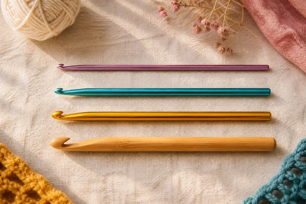 Four crochet hooks arranged from thin to thick