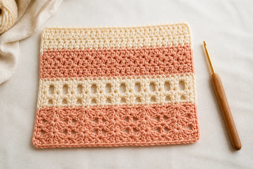 Crochet stitch sampler with distinct rows in cream and coral yarn