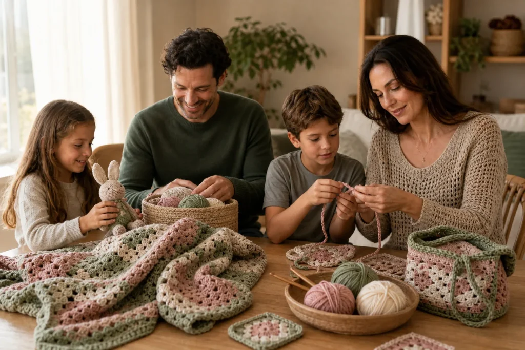 A family spending time together with yarn, crochet squares, a handmade blanket, and an amigurumi rabbit.