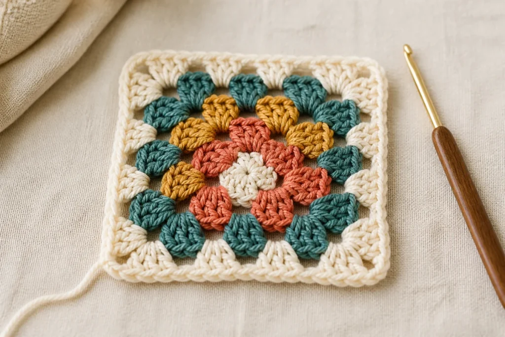 Colorful classic crochet granny square with hook