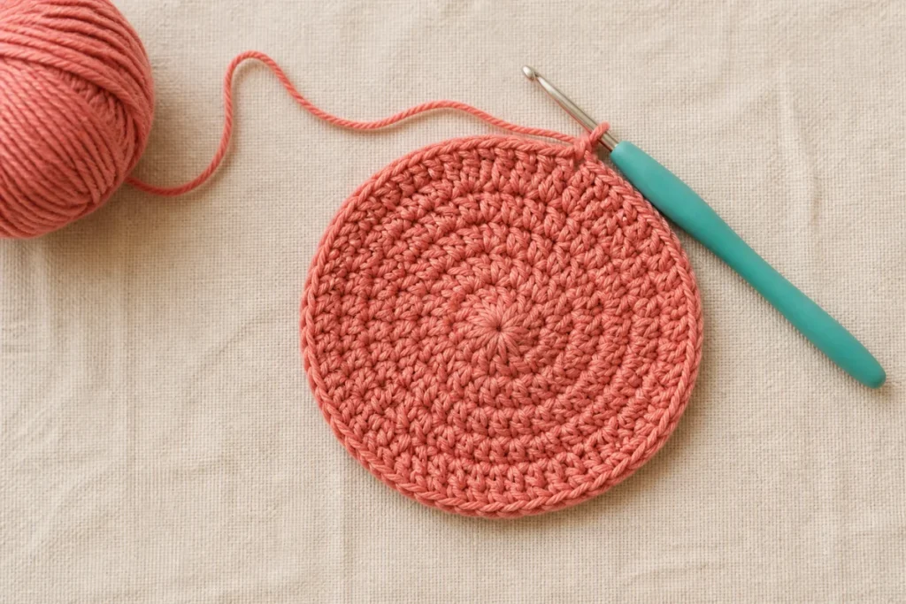 Coral crochet circle in progress with yarn and hook