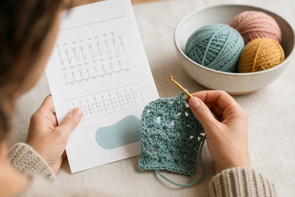 Hands following a crochet chart beside a small swatch