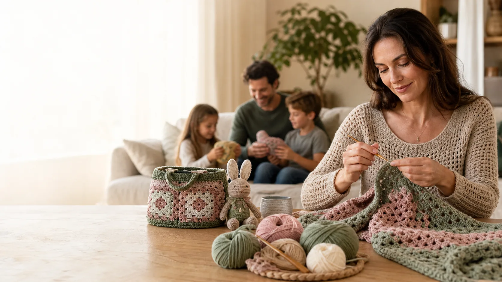 A woman crocheting a sage and dusty rose blanket while her family shares handmade creations nearby.