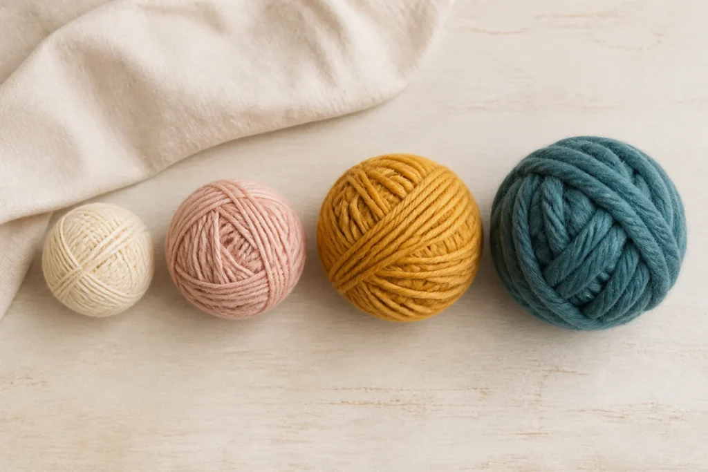Four yarn balls progressing from fine to bulky weights